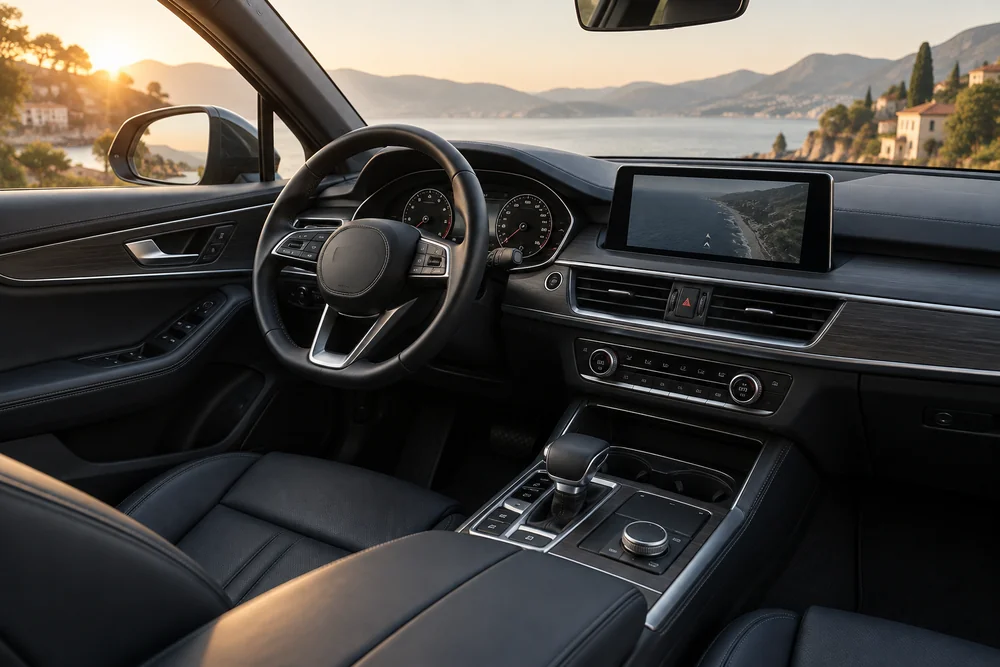 Cockpit und Lenkrad eines modernen Fahrzeugs