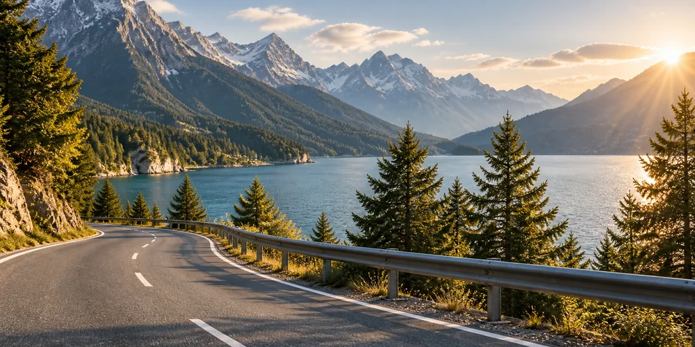 Straße in Landschaft als Symbol für Auslandsfahrten