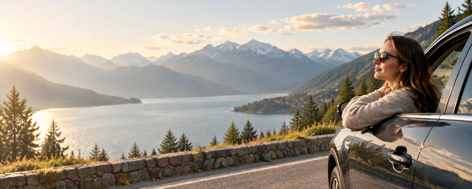 Reisende am Auto mit Blick auf Straße und Berglandschaft