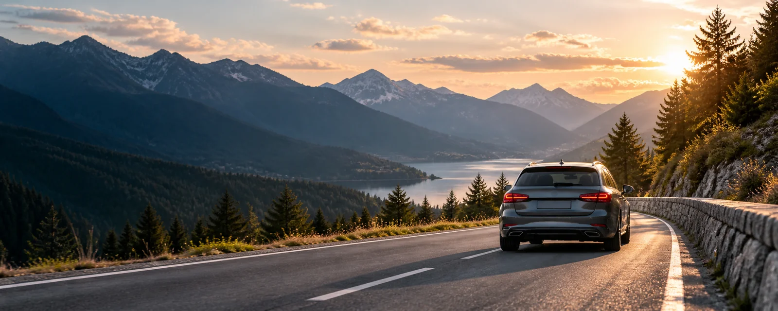 Auto auf Straße in Berglandschaft als Reise-CTA