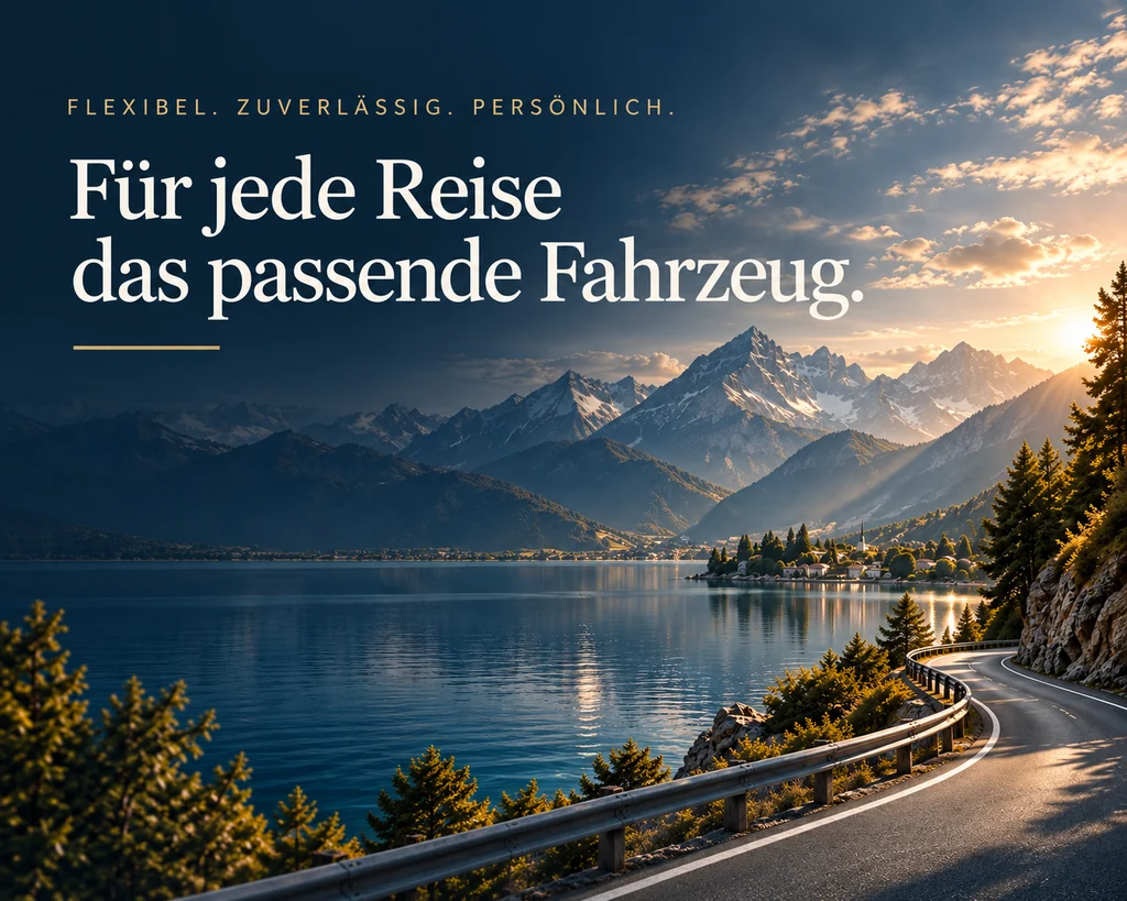 Promo-Bild mit Landschaft und Hinweis: Für jede Reise das passende Fahrzeug